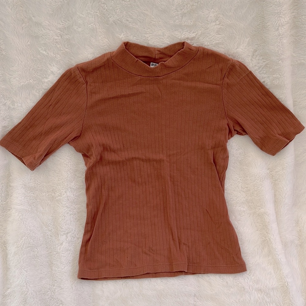 Ribbed Mock Neck T-shirt (Rust)